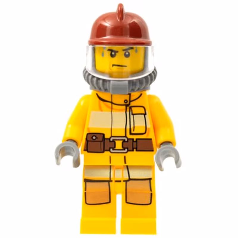 Fire - Bright Light Orange Fire Suit with Utility Belt, Dark Red Fire Helmet, Yellow Air Tanks, Sweat Drops Fire - Bright Light Orange Fire Suit with Utility Belt, Dark Red Fire Helmet, Yellow Air Tanks, Sweat Drops
