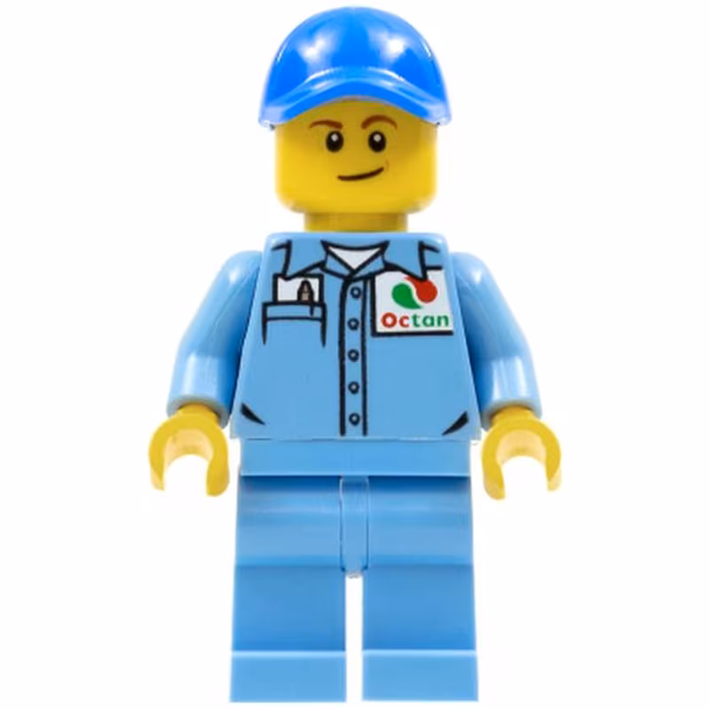 Medium Blue Uniform Shirt with Pocket and Octan Logo, Medium Blue Legs, Blue Cap with Hole, Lopsided Smile Medium Blue Uniform Shirt with Pocket and Octan Logo, Medium Blue Legs, Blue Cap with Hole, Lopsided Smile