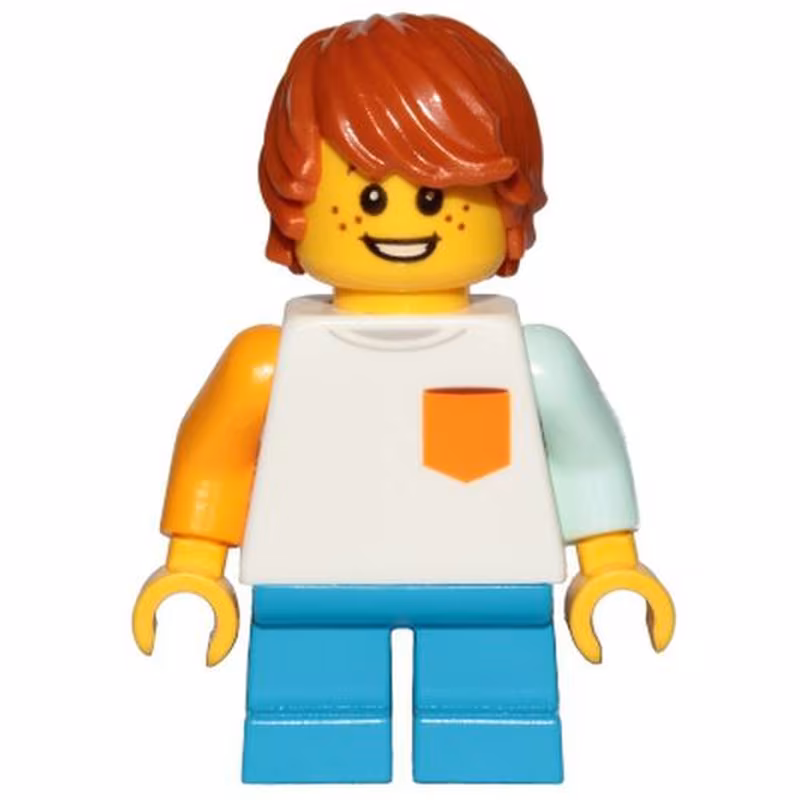 Boy, Freckles, White Shirt with Orange Pocket, Dark Azure Short Legs, Dark Orange Hair Tousled with Side Part Boy, Freckles, White Shirt with Orange Pocket, Dark Azure Short Legs, Dark Orange Hair Tousled with Side Part