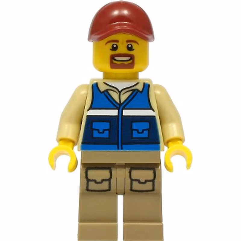 Wildlife Rescue Worker - Male, Dark Red Cap, Blue Vest with 'RESCUE' Pattern on Back, Dark Tan Legs with Pockets, Beard Wildlife Rescue Worker - Male, Dark Red Cap, Blue Vest with 'RESCUE' Pattern on Back, Dark Tan Legs with Pockets, Beard