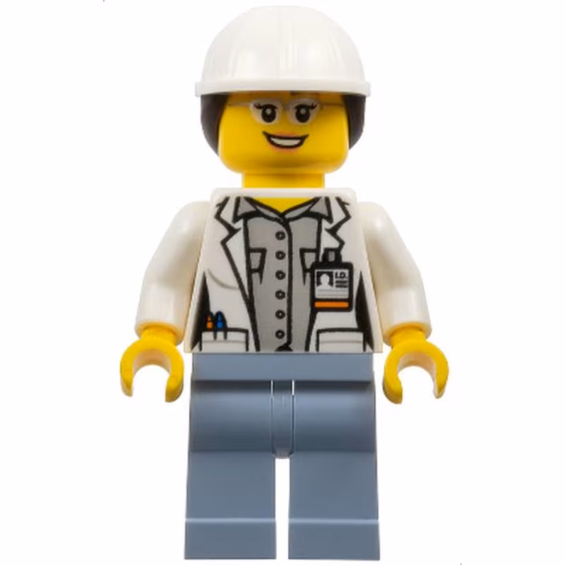 Volcano Explorer - Female Scientist, White Construction Helmet with Dark Brown Ponytail Hair