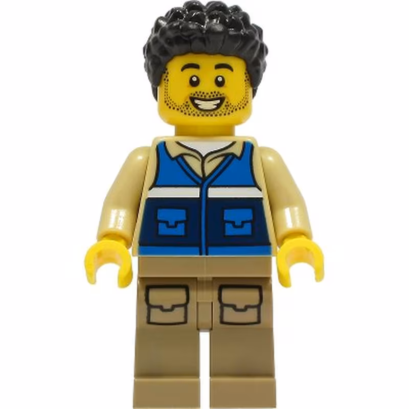 Wildlife Rescue Worker - Male, Blue Vest with 'RESCUE' Pattern on Back, Dark Tan Legs with Pockets, Black Hair Wildlife Rescue Worker - Male, Blue Vest with 'RESCUE' Pattern on Back, Dark Tan Legs with Pockets, Black Hair