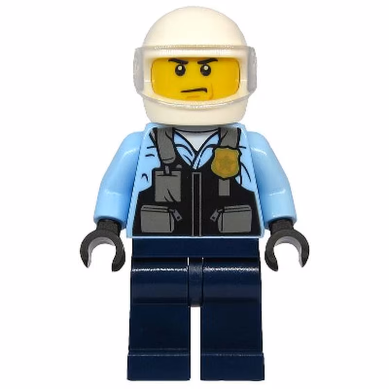 Police - City Motorcyclist, Safety Vest with Police Badge, Dark Blue Legs, White Helmet, Trans-Clear Visor