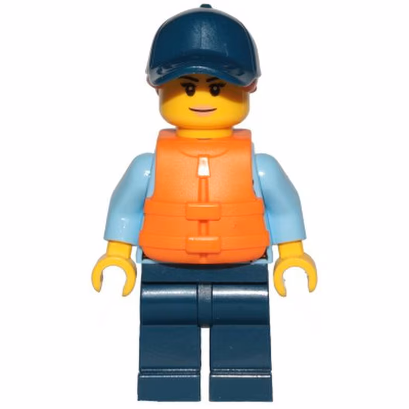 Police - City Officer Female, Bright Light Blue Shirt with Badge and Radio, Dark Blue Legs, Dark Blue Cap with Dark Orange Ponytail, Life Jacket