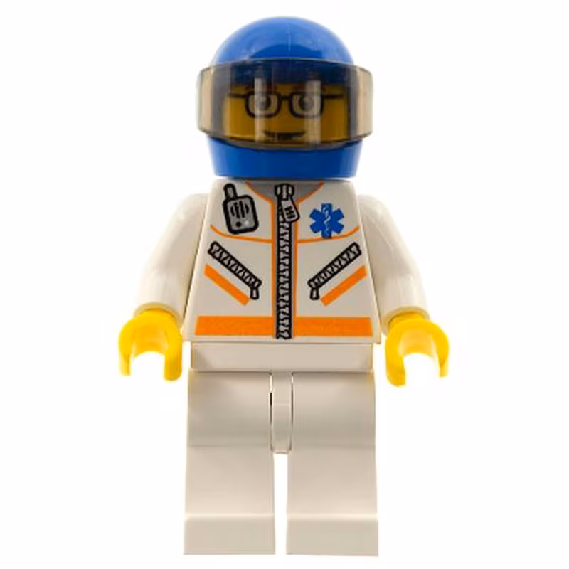 Doctor - Jacket with Zipper and EMT Star of Life - White Legs, Blue Helmet, Trans-Brown Visor, Glasses and Brown Eyebrows