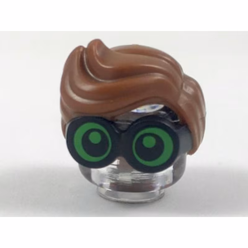 Minifigure, Hair Combo, Large Thick Glasses with Reddish Brown Hair, Parted and Wavy with Bright Green Lenses, Pupils Looking Forward Pattern