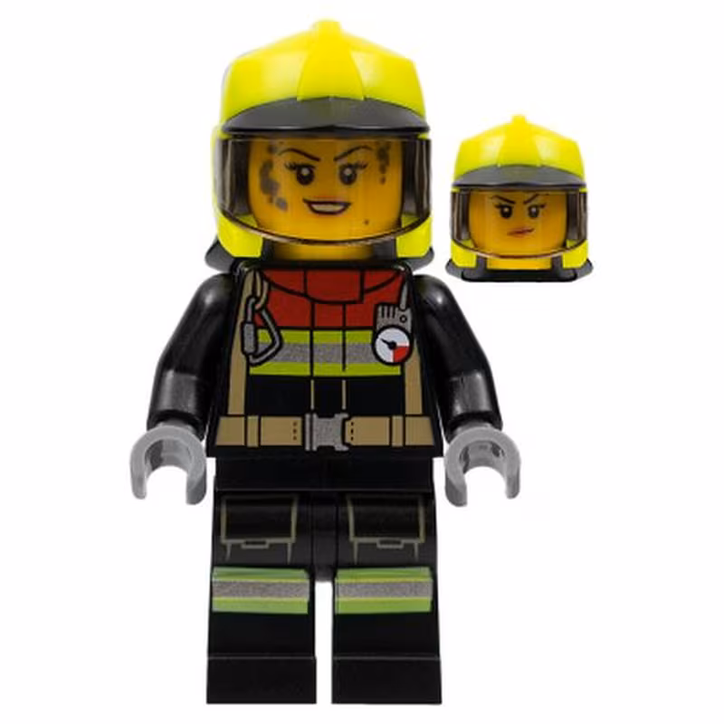Fire - Female, Black Jacket and Legs with Reflective Stripes and Red Collar, Neon Yellow Fire Helmet, Trans-Brown Visor, Dark Bluish Gray Splotches Fire - Female, Black Jacket and Legs with Reflective Stripes and Red Collar, Neon Yellow Fire Helmet, Trans-Brown Visor, Dark Bluish Gray Splotches