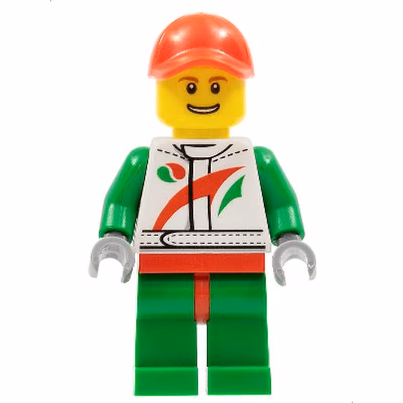 Race Car Mechanic, White Racing Suit with Octan Logo, Red Cap with Hole, Brown Eyebrows, Thin Grin with Teeth