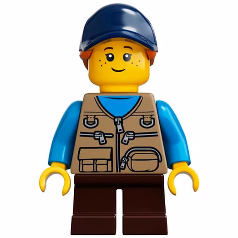 Child - Girl, Dark Tan Vest over Dark Azure Shirt, Dark Brown Short Legs, Dark Blue Cap with Dark Orange Ponytail, Freckles Child - Girl, Dark Tan Vest over Dark Azure Shirt, Dark Brown Short Legs, Dark Blue Cap with Dark Orange Ponytail, Freckles