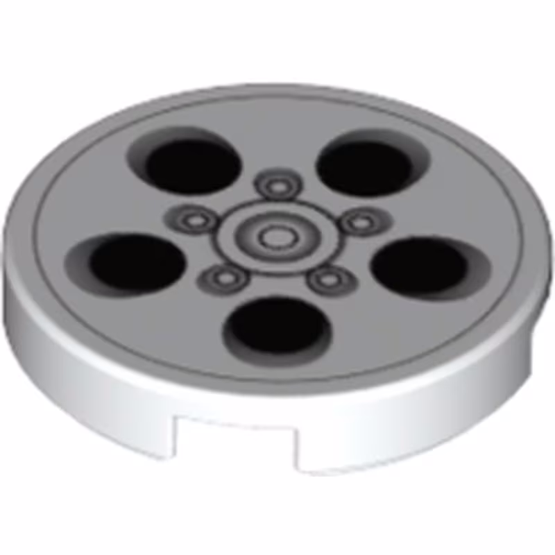 Tile, Round 2 x 2 with Bottom Stud Holder with Alloy Wheel with Black and Silver Circles Pattern Tile, Round 2 x 2 with Bottom Stud Holder with Alloy Wheel with Black and Silver Circles Pattern