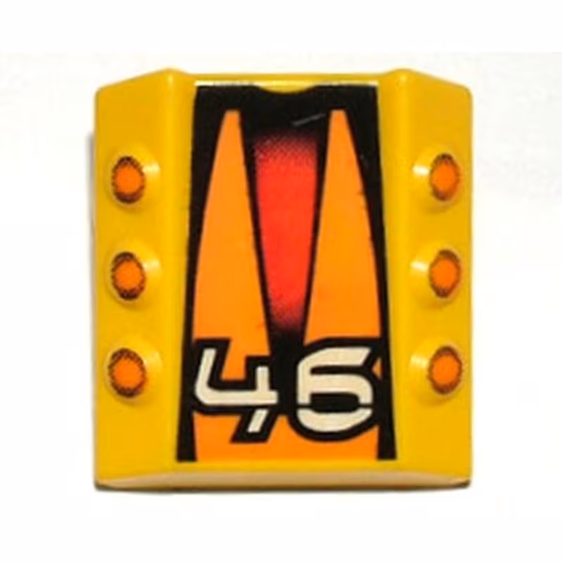 Brick, Modified 2 x 2 No Studs, Sloped with 6 Side Pistons Raised and '46', Orange Pistons and Triangles Pattern Brick, Modified 2 x 2 No Studs, Sloped with 6 Side Pistons Raised and '46', Orange Pistons and Triangles Pattern