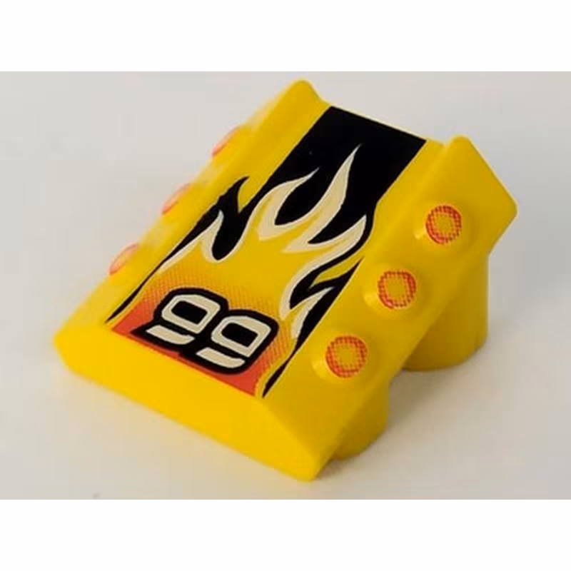 Brick, Modified 2 x 2 No Studs, Sloped with 6 Side Pistons Raised and '99', Black Stripe, Flame Pattern Brick, Modified 2 x 2 No Studs, Sloped with 6 Side Pistons Raised and '99', Black Stripe, Flame Pattern