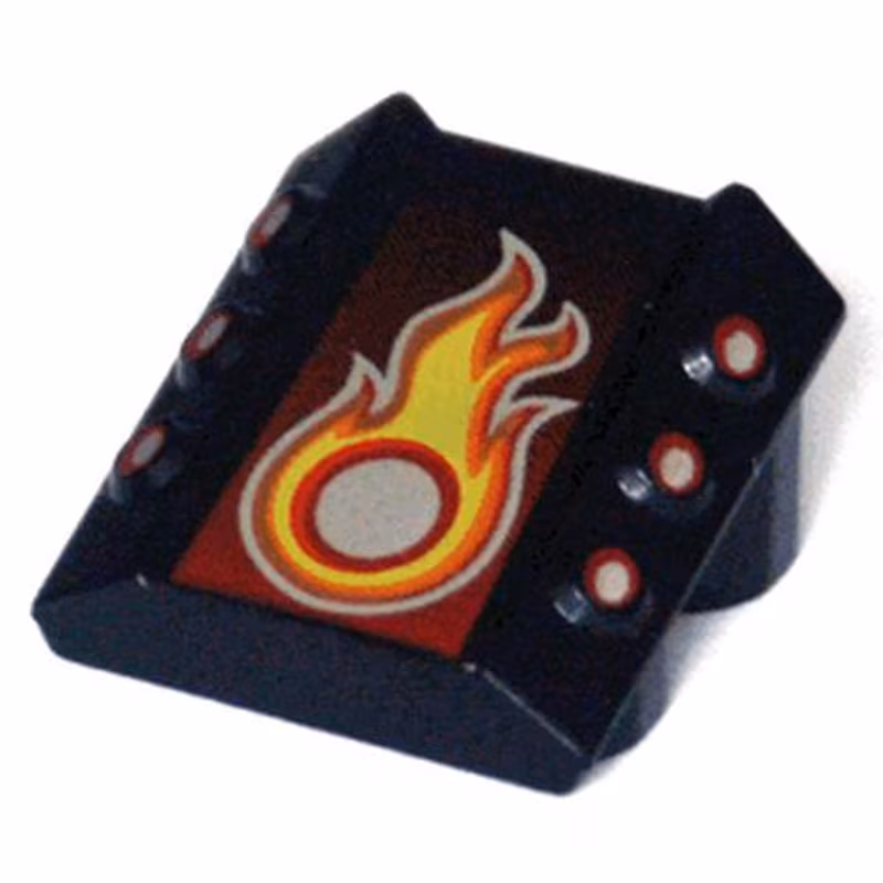 Brick, Modified 2 x 2 No Studs, Sloped with 6 Side Pistons Raised and Silver, Red, and Yellow Flame Pattern Brick, Modified 2 x 2 No Studs, Sloped with 6 Side Pistons Raised and Silver, Red, and Yellow Flame Pattern