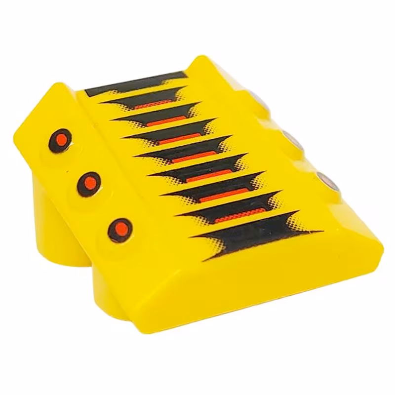 Brick, Modified 2 x 2 No Studs, Sloped with 6 Side Pistons Raised and Red and Black Lines and Red Dots Pattern Brick, Modified 2 x 2 No Studs, Sloped with 6 Side Pistons Raised and Red and Black Lines and Red Dots Pattern