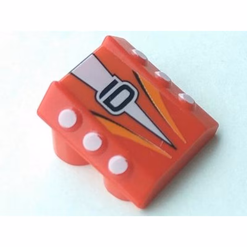 Brick, Modified 2 x 2 No Studs, Sloped with 6 Side Pistons Raised and '6', White Triangle and Orange Stripes Pattern
