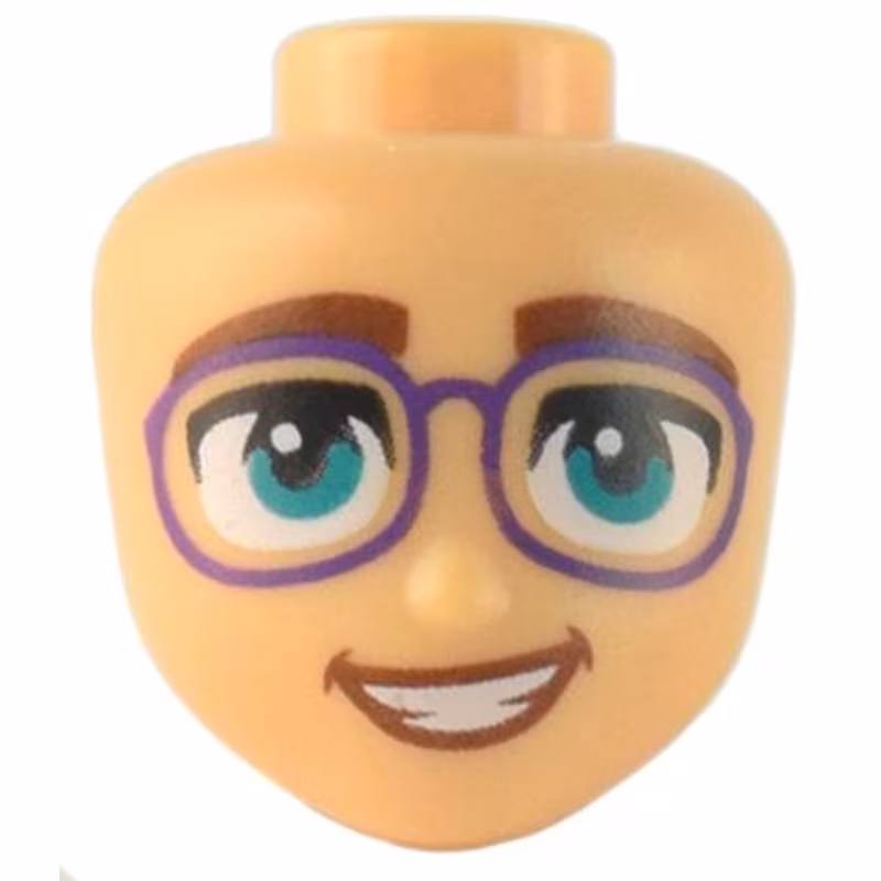 Mini Doll, Head Friends with Thick Reddish Brown Eyebrows, Dark Turquoise Eyes, Dark Purple Glasses, and Open Mouth Smile with Teeth Pattern