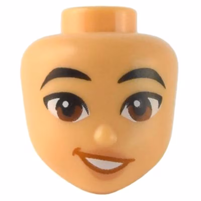 Mini Doll, Head Friends with Black Eyebrows, Reddish Brown Eyes, Nougat Lips, and Dark Orange Lopsided Open Mouth Smile with Teeth Pattern