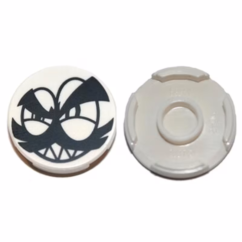 Tile, Round 2 x 2 with Bottom Stud Holder with Black Squinting Eyes, Moustache, Eyebrows and Grin with Sharp Teeth (Nixel Face) Pattern Tile, Round 2 x 2 with Bottom Stud Holder with Black Squinting Eyes, Moustache, Eyebrows and Grin with Sharp Teeth (Nixel Face) Pattern
