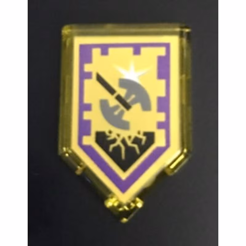 Tile, Modified 2 x 3 Pentagonal with Nexo Power Shield Pattern - Shining Axe Tile, Modified 2 x 3 Pentagonal with Nexo Power Shield Pattern - Shining Axe
