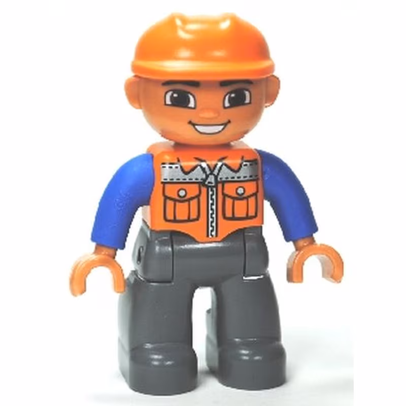 Duplo Figure Lego Ville, Male, Dark Bluish Gray Legs, Orange Vest with Zipper and Pockets, Orange Construction Helmet
