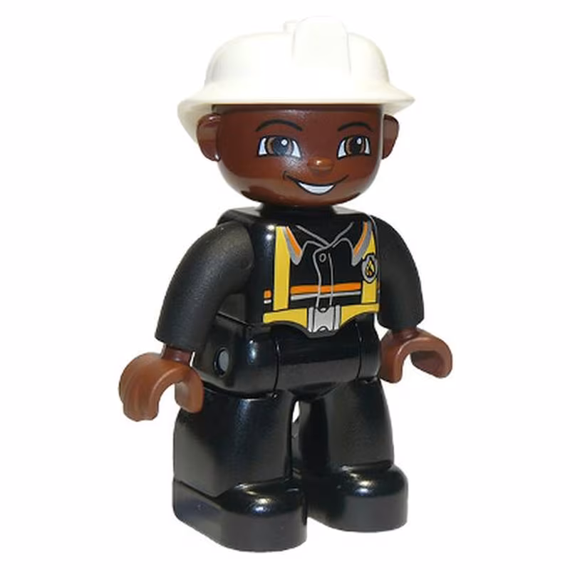 Duplo Figure Lego Ville, Male Fireman, Black Legs, Brown Hands, White Helmet, Brown Face