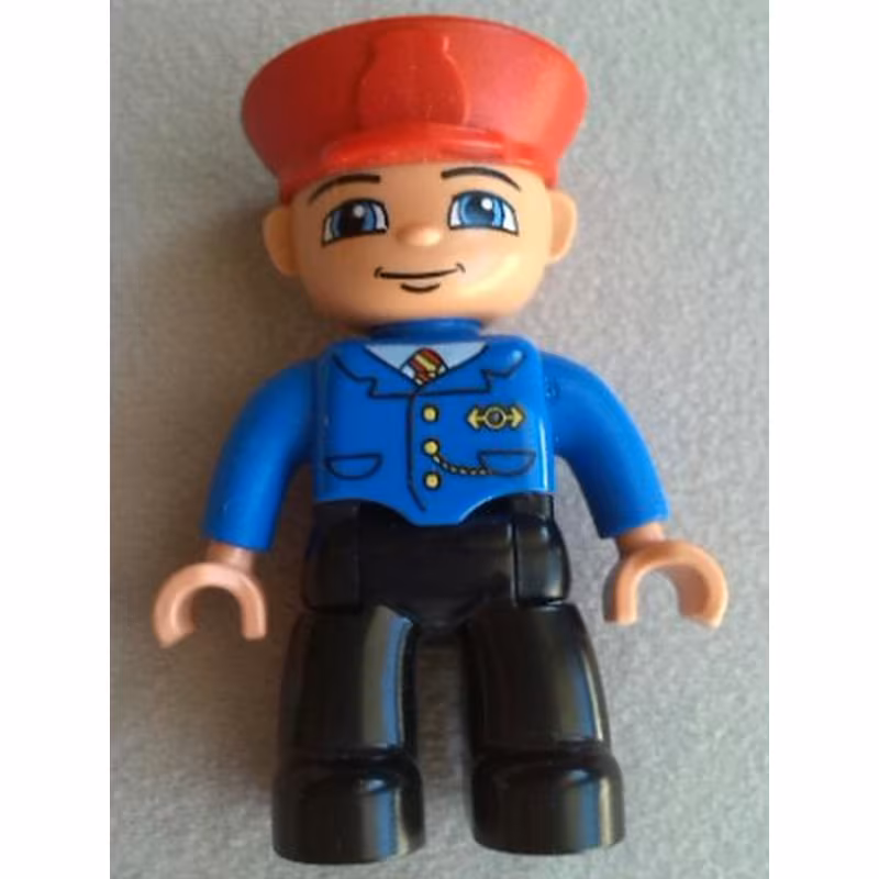 Duplo Figure Lego Ville, Male Train Conductor, Red Hat, Smile with Closed Mouth, Blue Jacket with Yellow and Red Tie, Black Legs