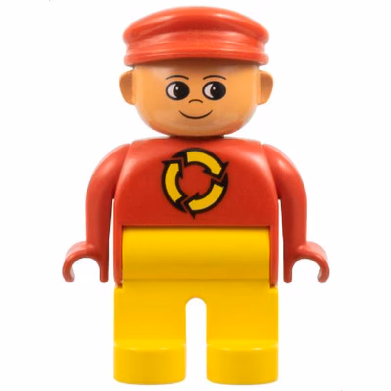 Duplo Figure, Male, Yellow Legs, Red Top with Recycle Logo, Red Cap, turned up Nose