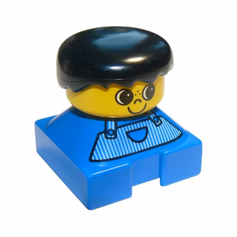 Duplo 2 x 2 x 2 Figure Brick, Blue Base, Striped Overalls, Black Hair, Large Eyes, Freckles on Nose