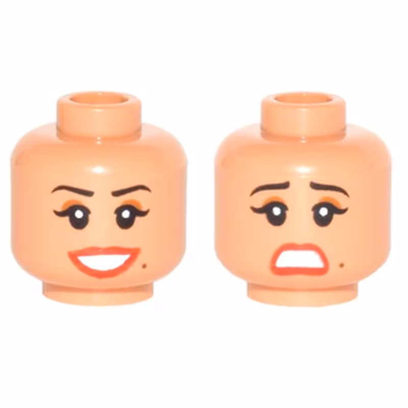 Minifigure, Head Dual Sided Female Thin Black Eyebrows, Brown Eye Shadow, Red Lips, Beauty Mark, Smile / Scared Pattern