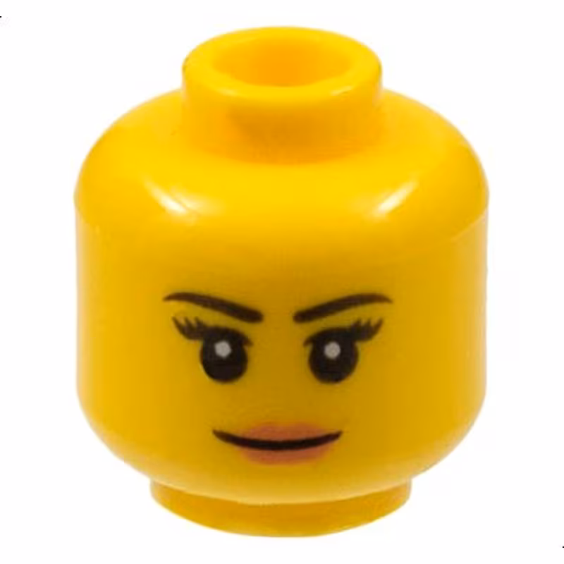 Minifigure, Head Female Black Thin Eyebrows, Eyelashes, Nougat Lips, Grin Pattern