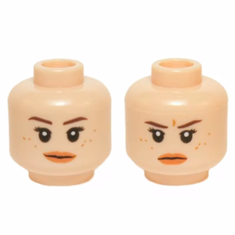 Minifigure, Head Dual Sided Female Dark Brown Eyebrows, Black Eyelashes, Freckles, Nougat Lips, Neutral / Stern Pattern
