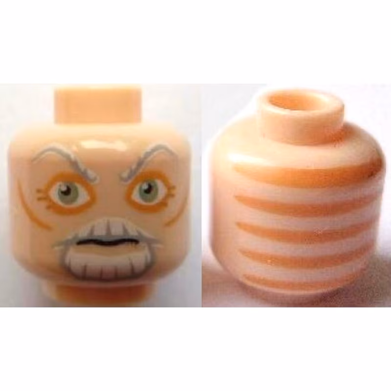 Minifigure, Head Alien SW Cerean with Light Bluish Gray and White Eyebrows, Moustache and Goatee, Large Sand Green Eyes, Nougat Eye Shadow and Cheek Lines, Neutral, Skin Folds on Back Pattern
