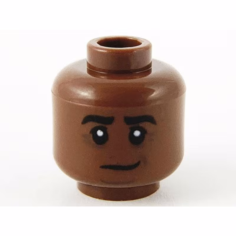 Minifigure, Head Black Eyebrows Lopsided Grin, Dark Brown Contour Lines Pattern