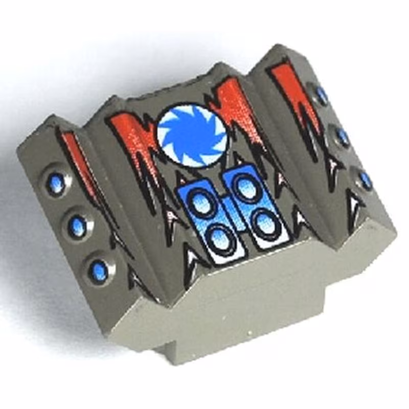 Brick, Modified 2 x 2 No Studs, Sloped with Angled Side Block Extensions with Red Flames and Blue Saw Blade on White Circle Pattern