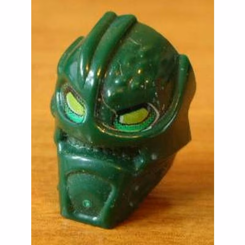 Minifigure, Head, Modified Bionicle Inika Toa Kongu with Lime Eyes Pattern