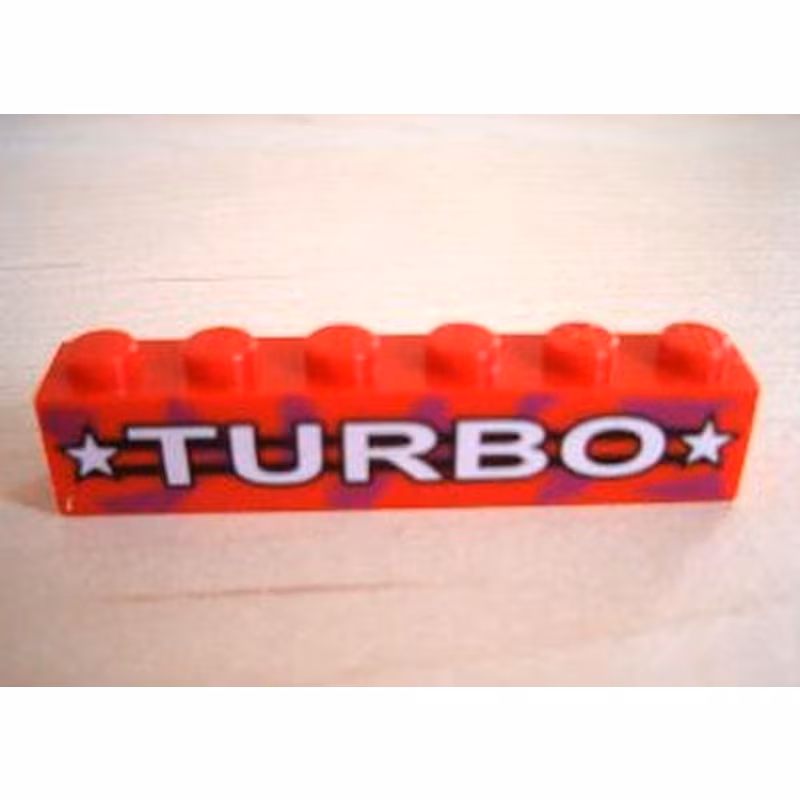 Brick 1 x 6 with White 'TURBO' and Stars Pattern Brick 1 x 6 with White 'TURBO' and Stars Pattern