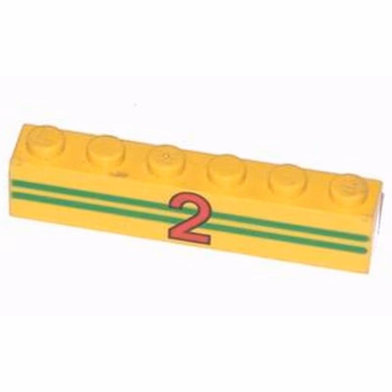 Brick 1 x 6 with 2 Green Stripes and Red Number 2 Pattern Brick 1 x 6 with 2 Green Stripes and Red Number 2 Pattern