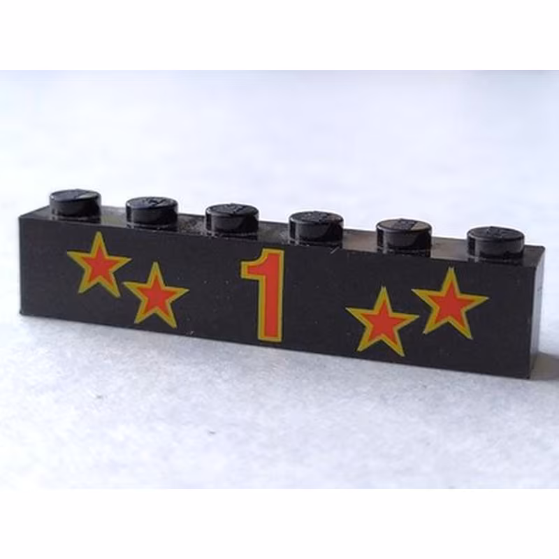 Brick 1 x 6 with Red Number 1 and Four Stars with Yellow Borders Pattern Brick 1 x 6 with Red Number 1 and Four Stars with Yellow Borders Pattern