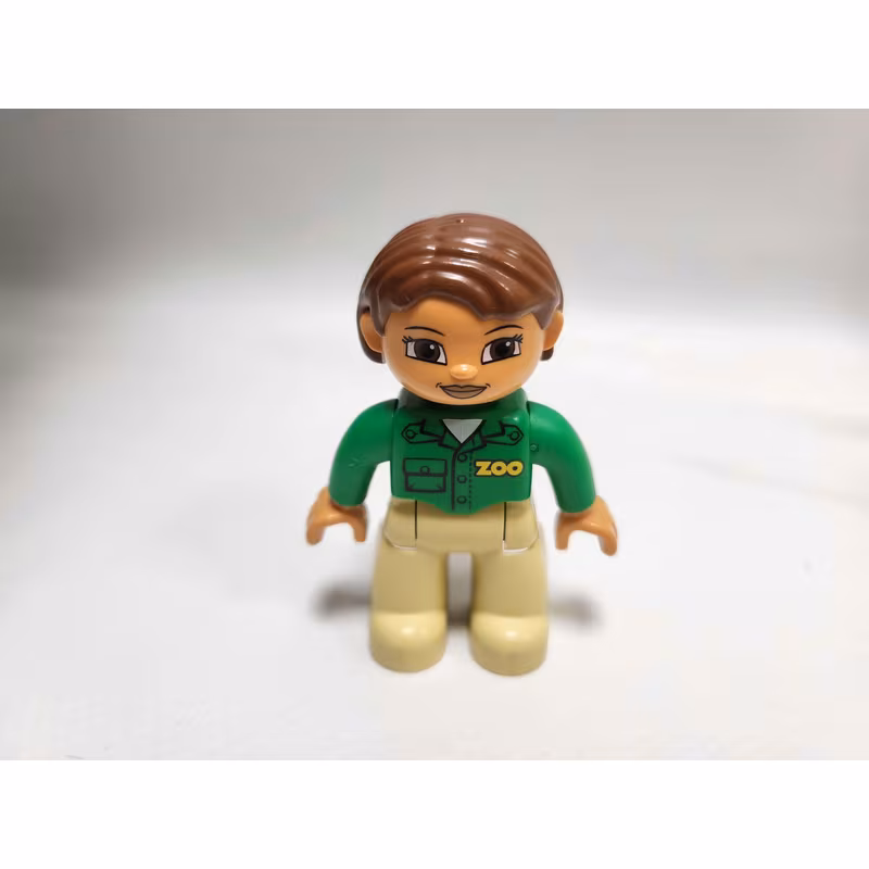 Duplo Figure Lego Ville, Female, Tan Legs, Green Top with 'ZOO' on Front and Back, Reddish Brown Hair, Brown Eyes (Zoo Worker)