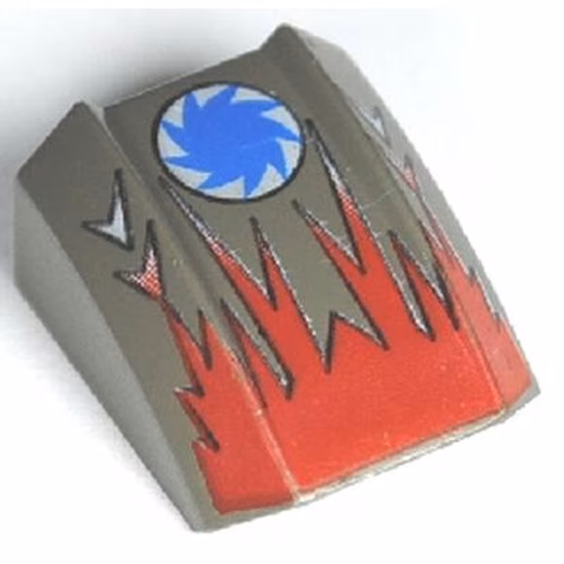 Slope, Curved 2 x 2 Lip with Red Flames and Blue Saw Blade on White Circle Pattern