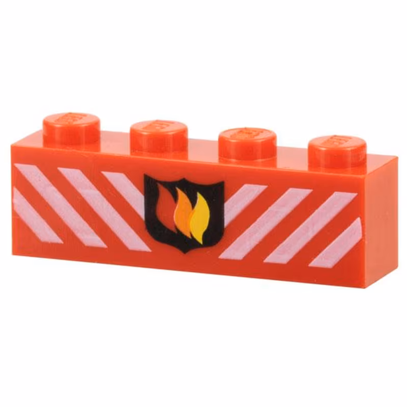 Brick 1 x 4 with Fire Logo Badge and White Danger Stripes Pattern Brick 1 x 4 with Fire Logo Badge and White Danger Stripes Pattern