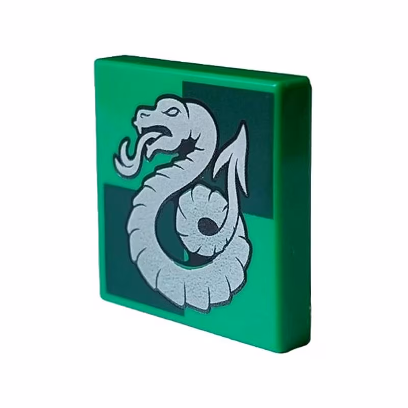 Tile 2 x 2 with Silver Slytherin Crest on Dark Green Squares Pattern Tile 2 x 2 with Silver Slytherin Crest on Dark Green Squares Pattern