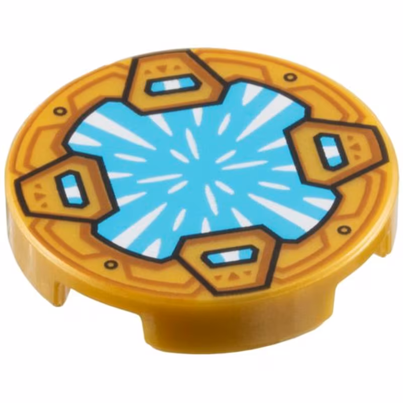 Tile, Round 2 x 2 with Bottom Stud Holder with Medium Azure Crystal with White Radiating Reflections, Clasps with Dark Orange Shapes Pattern