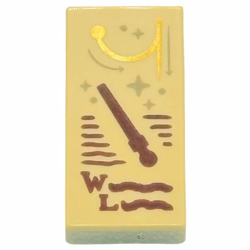 Tile 1 x 2 with Reddish Brown Wand, Capital Letter W, L, and Wingardium Leviosa Spell Scribbles, Dark Tan Sparkles and Arrows, Gold Swish and Flick Pattern Tile 1 x 2 with Reddish Brown Wand, Capital Letter W, L, and Wingardium Leviosa Spell Scribbles, Dark Tan Sparkles and Arrows, Gold Swish and Flick Pattern
