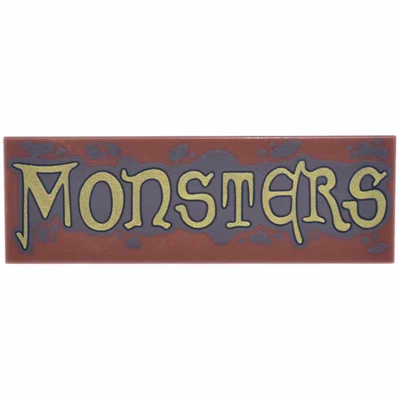Tile 2 x 6 with Dark Brown Spots and Splatters and Gold 'MONSTERS' Pattern Tile 2 x 6 with Dark Brown Spots and Splatters and Gold 'MONSTERS' Pattern