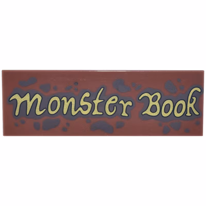 Tile 2 x 6 with Dark Brown Spots and Splatters and Gold Script 'Monster Book' Pattern Tile 2 x 6 with Dark Brown Spots and Splatters and Gold Script 'Monster Book' Pattern