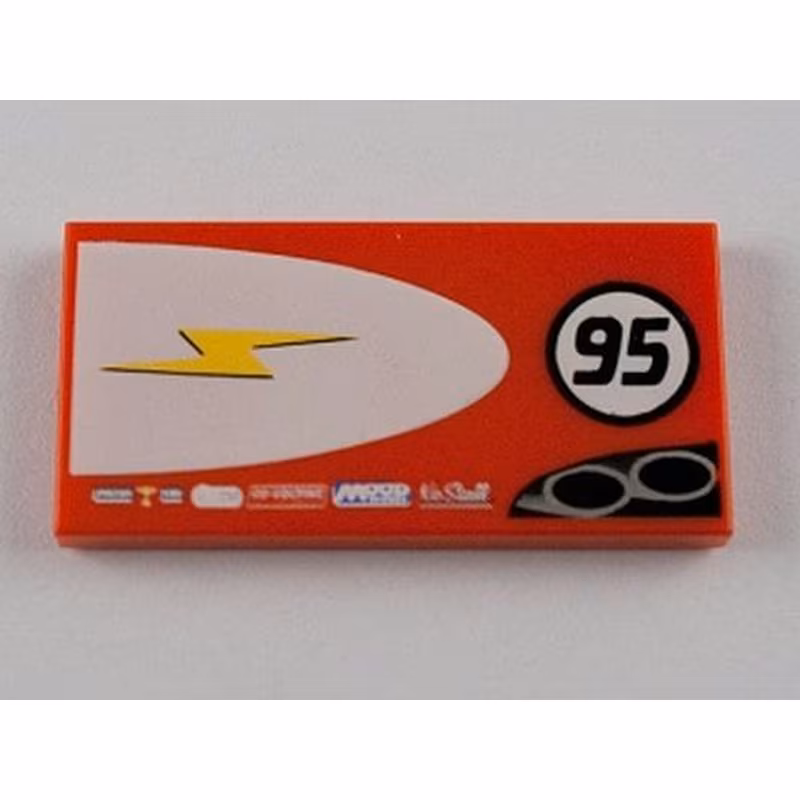 Tile 2 x 4 with Lightning Bolt in Half Ellipse and '95' Pattern Model Left Side Tile 2 x 4 with Lightning Bolt in Half Ellipse and '95' Pattern Model Left Side