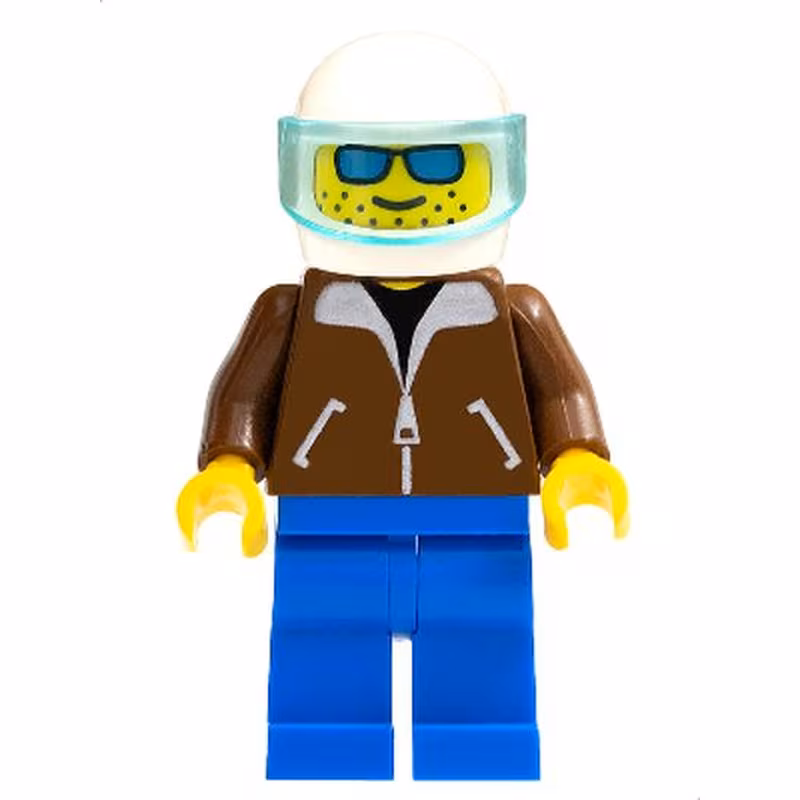 Helicopter Pilot - Brown Jacket, Blue Legs, White Helmet, Trans-Light Blue Visor Helicopter Pilot - Brown Jacket, Blue Legs, White Helmet, Trans-Light Blue Visor