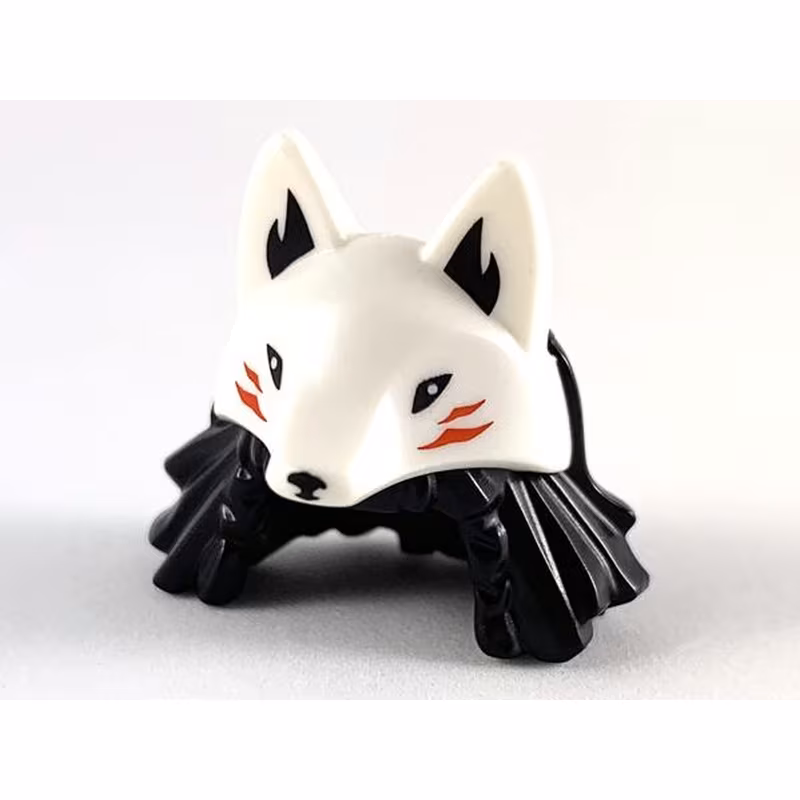 Minifigure, Hair Combo, Medium Length Hair with Braids, White Wolf Mask Pattern Minifigure, Hair Combo, Medium Length Hair with Braids, White Wolf Mask Pattern