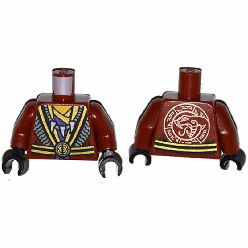 Torso Robe with Black and Gold Belt and Trim over Dark Purple Shirt, White Animal Tooth / Claw Necklace, Yellow Neck, Copper Snake Head Emblem on Back Pattern / Dark Red Arms / Black Hands Torso Robe with Black and Gold Belt and Trim over Dark Purple Shirt, White Animal Tooth / Claw Necklace, Yellow Neck, Copper Snake Head Emblem on Back Pattern / Dark Red Arms / Black Hands